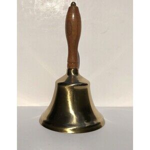 Vintage 8 1/2” Brass Bell With Wooden Handle 5" Diameter Hand Size Table/Desk